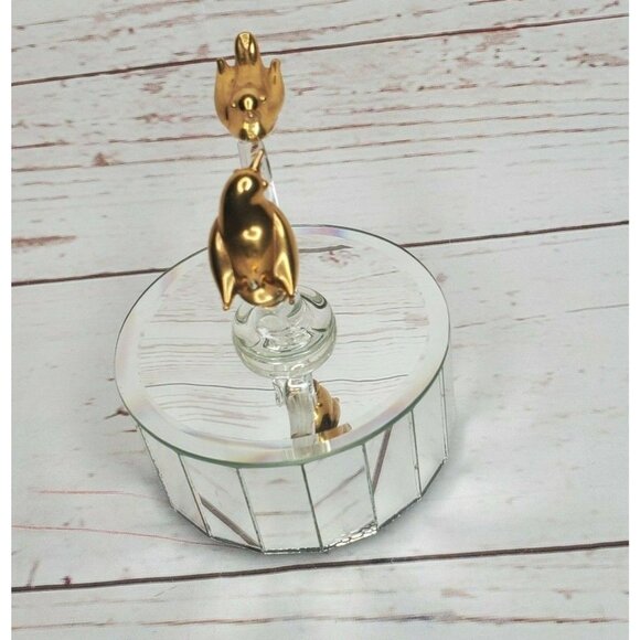 Gold-Tone Bird Figurines on Mirrored Rotating Base | Elegant Decorative Piece - Picture 3 of 12